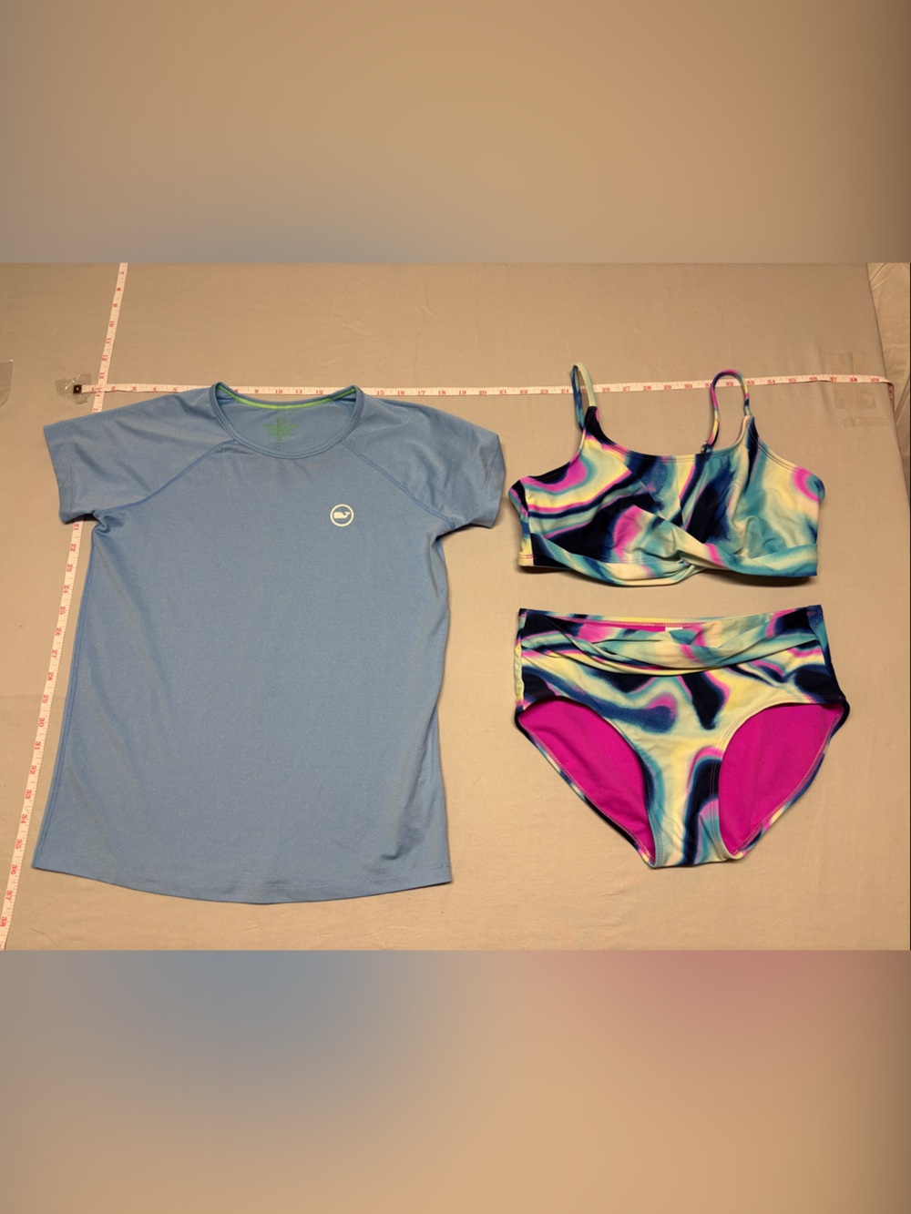 Vineyard Vines Girls Light Blue Rash Guard with Multicolor Swirl Bikini travel